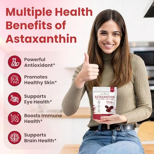 Gluvelop Premium Astaxanthin 12 mg – Natürliches Mikroalgen-Antioxidans für Haut, Augen und Immunsystem – Nicht-GVO, 120 Weichkapseln (4-Monats-Vorrat)