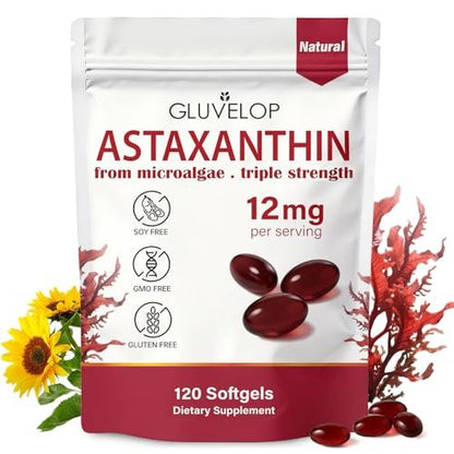 Gluvelop Premium Astaxanthin 12 mg – Natürliches Mikroalgen-Antioxidans für Haut, Augen und Immunsystem – Nicht-GVO, 120 Weichkapseln (4-Monats-Vorrat)