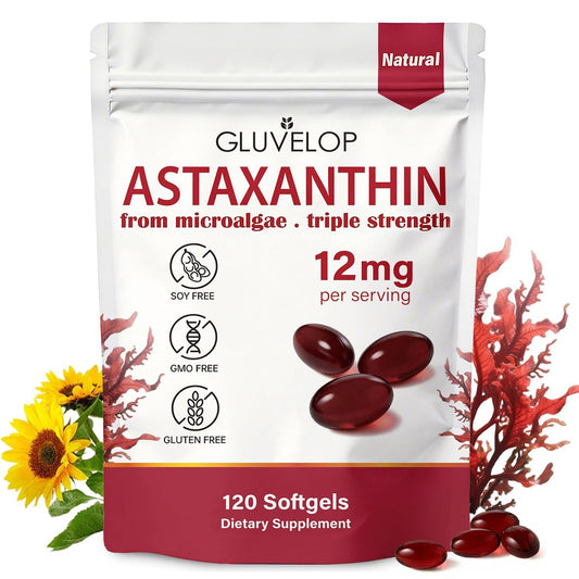 Gluvelop Premium Astaxanthin 12 mg – Natürliches Mikroalgen-Antioxidans für Haut, Augen und Immunsystem – Nicht-GVO, 120 Weichkapseln (4-Monats-Vorrat)