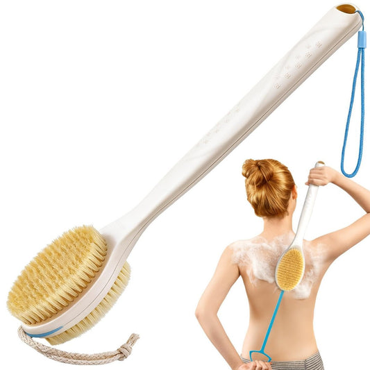 BUBBLEDANCE® Rückenbürste für die Dusche mit verlängerbaren Stiel (44,5-81 cm), doppelseitige Duschbürste mit natürlichen harten & weichen Borsten, rutschfester Körperpeeling-Bürste für Bad & Trockenbürsten