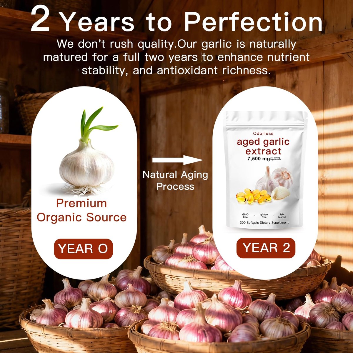 ULIKEATM Geruchsloser gealterter Knoblauchextrakt, 7500 mg Bio-Knoblauch-Kapseln zur Unterstützung der Antioxidantien und des Immunsystems, vegan, nicht gentechnisch verändert, rein natürlich – 300 Kapseln