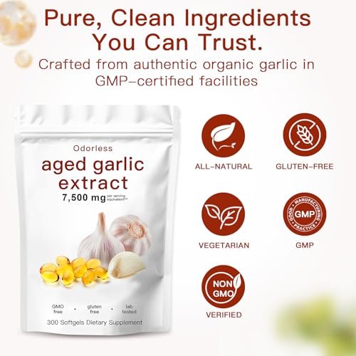 ULIKEATM Geruchsloser gealterter Knoblauchextrakt, 7500 mg Bio-Knoblauch-Kapseln zur Unterstützung der Antioxidantien und des Immunsystems, vegan, nicht gentechnisch verändert, rein natürlich – 300 Kapseln