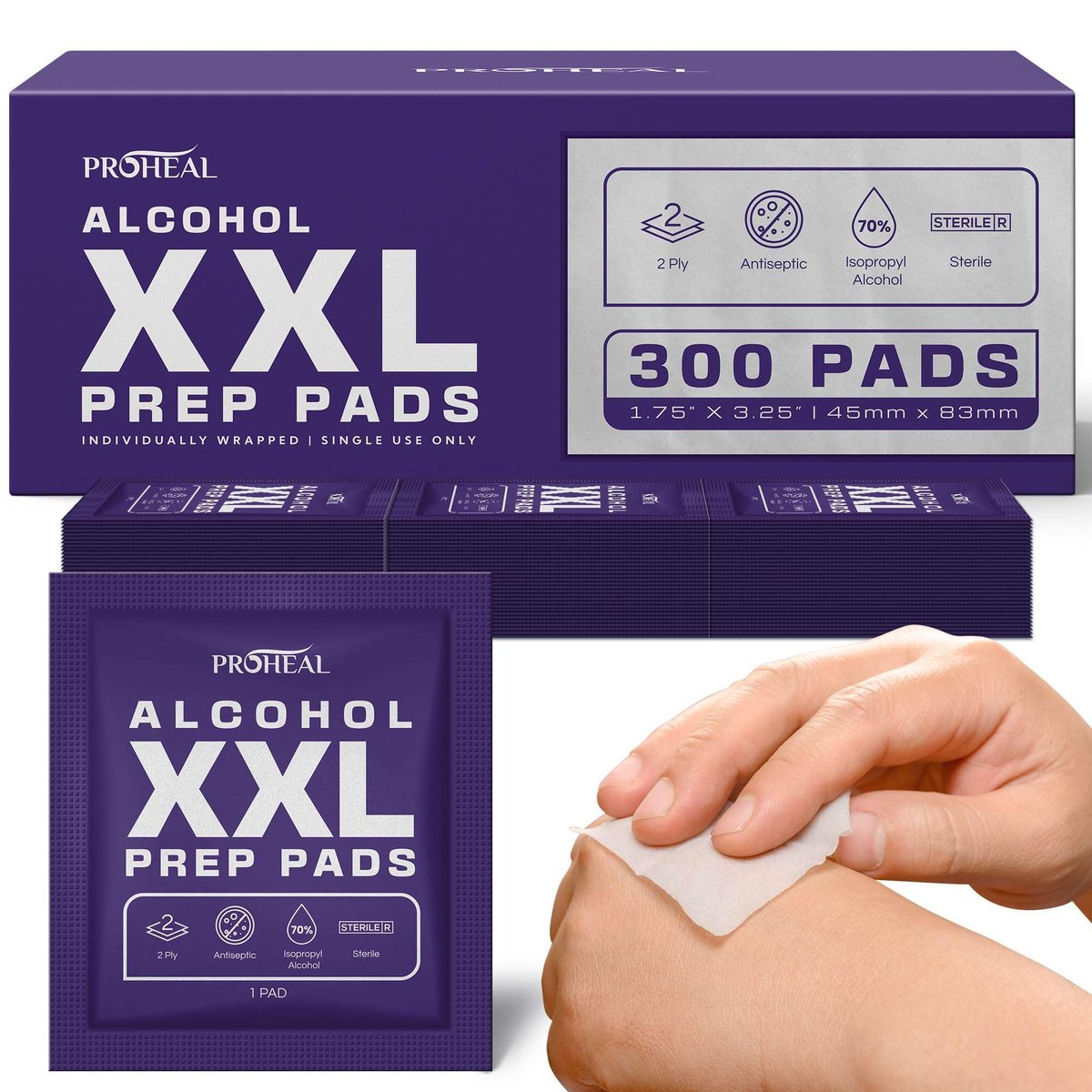 XXL Sterile Alkoholtupfer 300 Stück - 70% Isopropylalkohol-Wipes, einzeln verpackt - 2-lagig - Ideal für Injektionsstellen und Hautreinigung, extra groß 1,75" x 3,25"