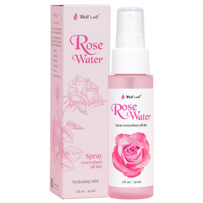 Well's Oil Rosenwasser Gesichts- & Haar-Nebelspray (59 ml) | Blütenrosen-Hydrolat | Alkoholfrei