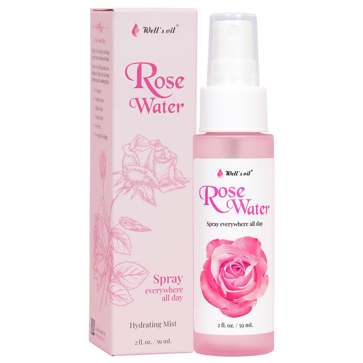 Well's Oil Rosenwasser Gesichts- & Haar-Nebelspray (59 ml) | Blütenrosen-Hydrolat | Alkoholfrei