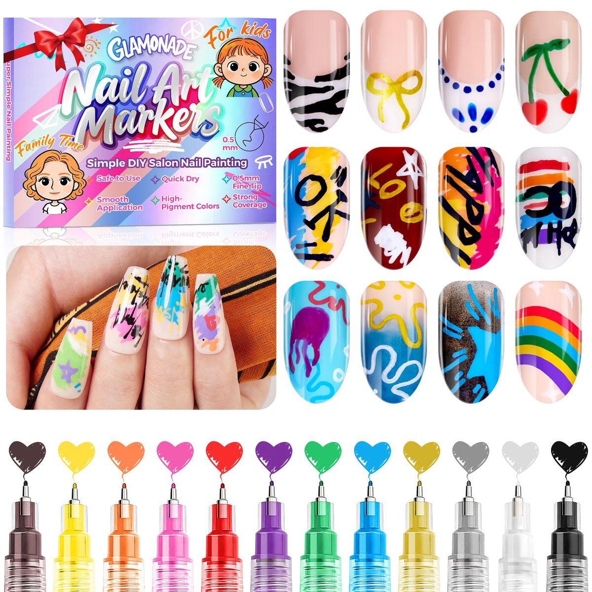 Glamonade Nagelkunst-Stifte für Kinder: 0,5 mm Feinspitze, lebendige Nagellackstifte, ungiftig, Set zum Bemalen und Dekorieren von Nägeln, Graffiti-Stifte, DIY-Salon-Design & schnell trocknend, stundenlanger Spaß, sicheres Maniküre-Geschenk