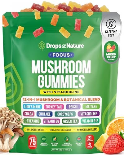 Drops Of Nature Mushroom Focus Gummies – Löwenmähne, Truthahnschwanz, L-Theanin, Cholin, Grüntee-Extrakt – Vegane Pilz-Superfood-Mischung mit B-Vitaminen B6 und B12 (Mischfrüchte, 75 Gummis)