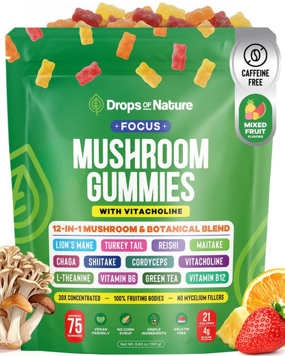 Drops Of Nature Mushroom Focus Gummies – Löwenmähne, Truthahnschwanz, L-Theanin, Cholin, Grüntee-Extrakt – Vegane Pilz-Superfood-Mischung mit B-Vitaminen B6 und B12 (Mischfrüchte, 75 Gummis)