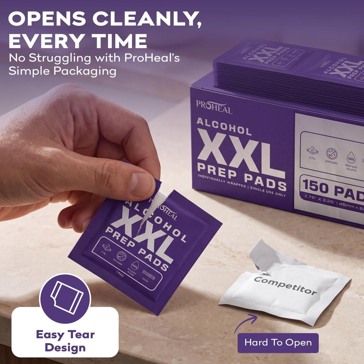 ProHeal XXL Sterile Alkoholtupfer 150 Stück - 70% Isopropylalkohol Tücher, einzeln verpackt - 2-lagig - ideal für Injektionsstellen und Hautreinigung, extra groß 1,75" x 3,25"