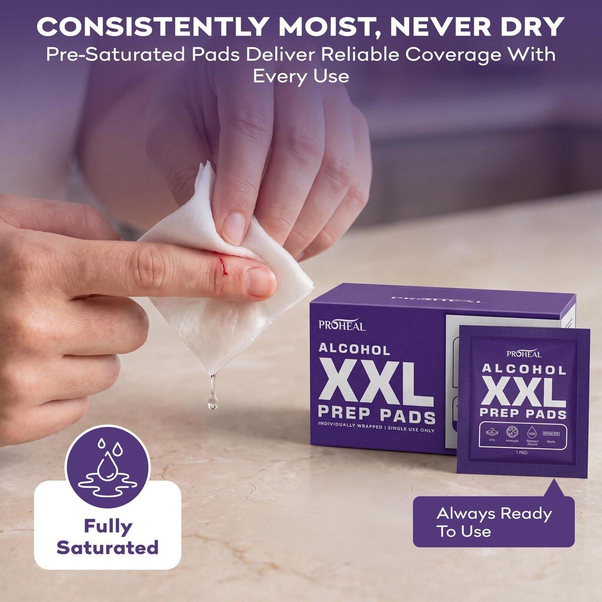 ProHeal XXL Sterile Alkoholtupfer 150 Stück - 70% Isopropylalkohol Tücher, einzeln verpackt - 2-lagig - ideal für Injektionsstellen und Hautreinigung, extra groß 1,75" x 3,25"