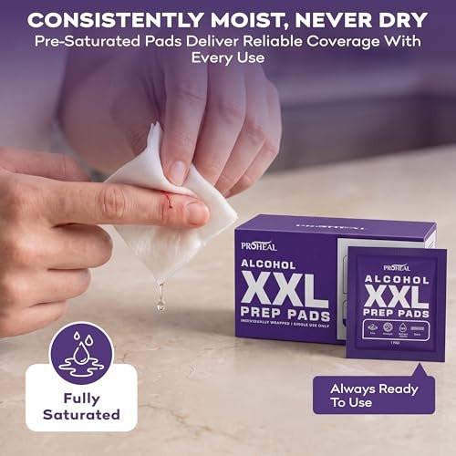 ProHeal XXL Sterile Alkoholtupfer 150 Stück - 70% Isopropylalkohol Tücher, einzeln verpackt - 2-lagig - ideal für Injektionsstellen und Hautreinigung, extra groß 1,75" x 3,25"