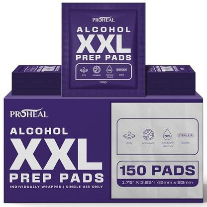 ProHeal XXL Sterile Alkoholtupfer 150 Stück - 70% Isopropylalkohol Tücher, einzeln verpackt - 2-lagig - ideal für Injektionsstellen und Hautreinigung, extra groß 1,75" x 3,25"