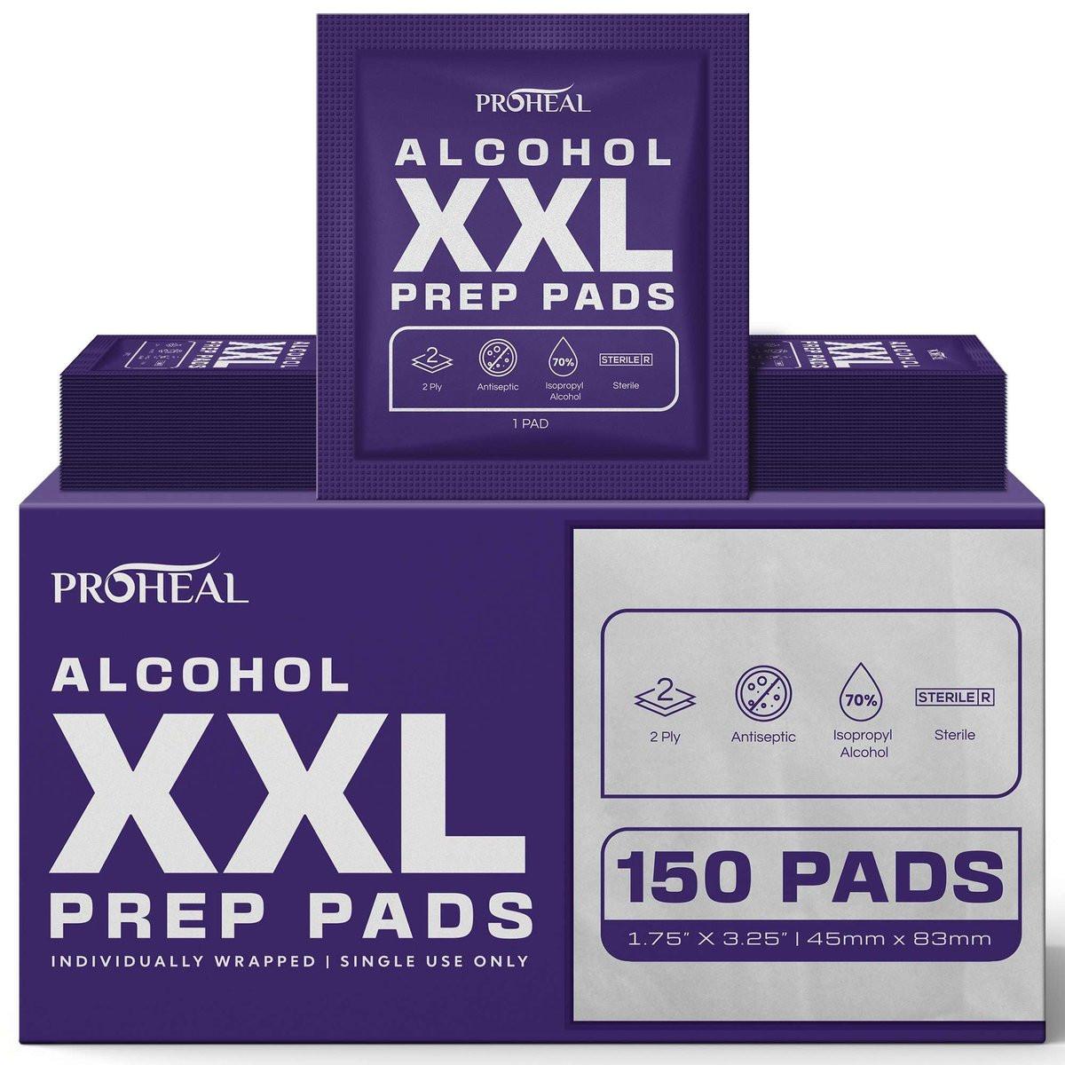 ProHeal XXL Sterile Alkoholtupfer 150 Stück - 70% Isopropylalkohol Tücher, einzeln verpackt - 2-lagig - ideal für Injektionsstellen und Hautreinigung, extra groß 1,75" x 3,25"