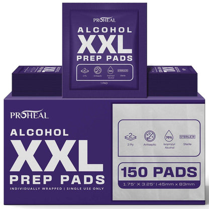 ProHeal XXL Sterile Alkoholtupfer 150 Stück - 70% Isopropylalkohol Tücher, einzeln verpackt - 2-lagig - ideal für Injektionsstellen und Hautreinigung, extra groß 1,75" x 3,25"
