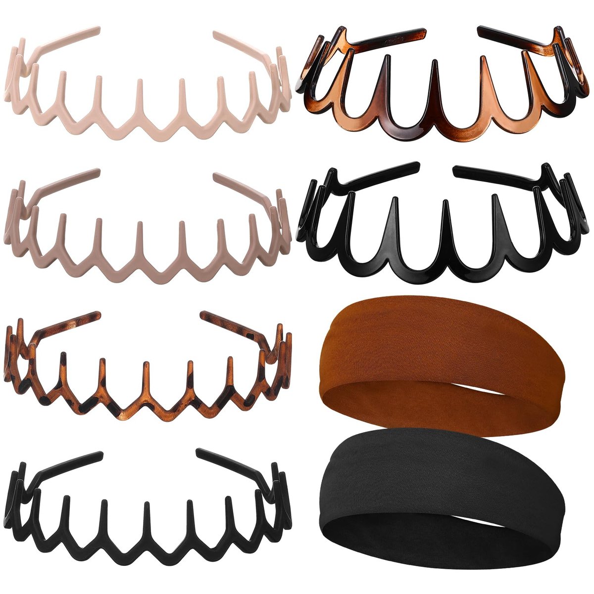 HairChrysm 8-teiliges Plastik-Zickzack-Stirnband-Set mit Baumwollband - Trendy gewellte Kamm-Haarbänder mit Zähnen für Damen & Herren | 90er-Jahre-Stil rutschfeste Haarspangen für tägliches Styling, Workouts & mehr