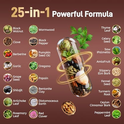 Totaria 120 Kapseln 25-in-1 Wermut, Schwarznuss, Nelke Reinigung für Menschen – Darmreinigung & Verdauungs- & Lebergesundheit mit Nelke, Kürbiskernöl, Knoblauch, Oregano – Vegane Kapseln