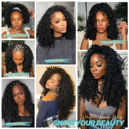 UMEGIRL 18 Zoll Burmesische Curly Half Wig Echthaarperücke für Damen 250 Dichte 3 in 1 Nahtlose Flip-Over Half Wigs Anfängerfreundliche Klebefreie Perücken Echthaar Naturfarbe mit Spiralenden