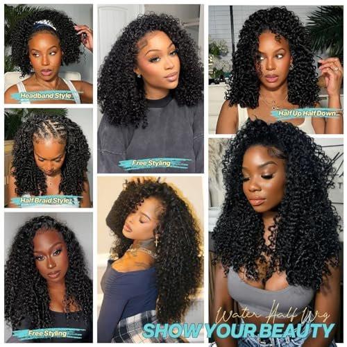 UMEGIRL 18 Zoll Burmesische Curly Half Wig Echthaarperücke für Damen 250 Dichte 3 in 1 Nahtlose Flip-Over Half Wigs Anfängerfreundliche Klebefreie Perücken Echthaar Naturfarbe mit Spiralenden