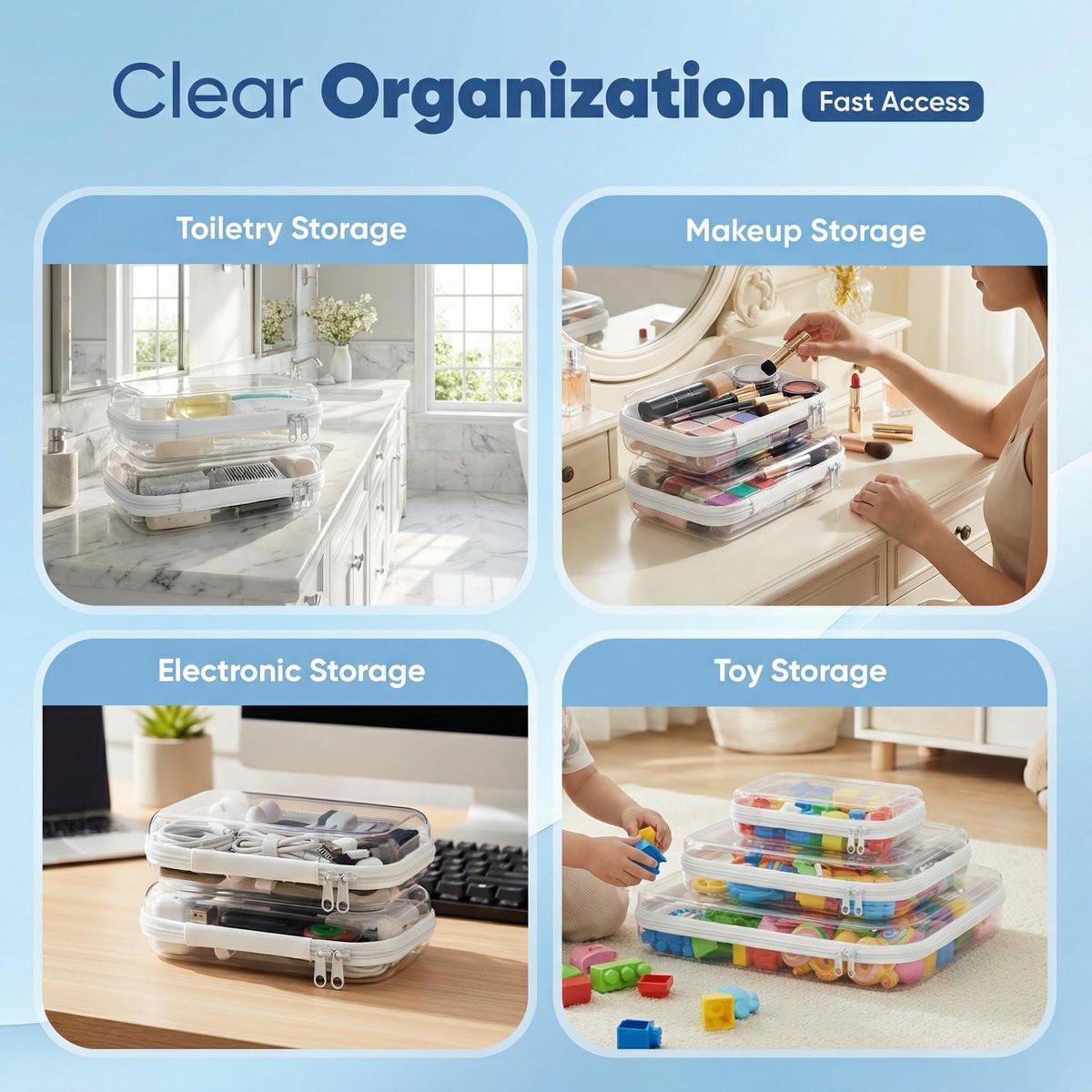 PETINBOX 6er Set durchsichtige Hartschalen-Reißverschluss-Etuis, transparente Kunststoff-Organizer-Taschen für Reise-Toilettenartikel & Make-up, bruchsichere Aufbewahrung, 3 Größen (2 klein/2 mittel/2 groß)