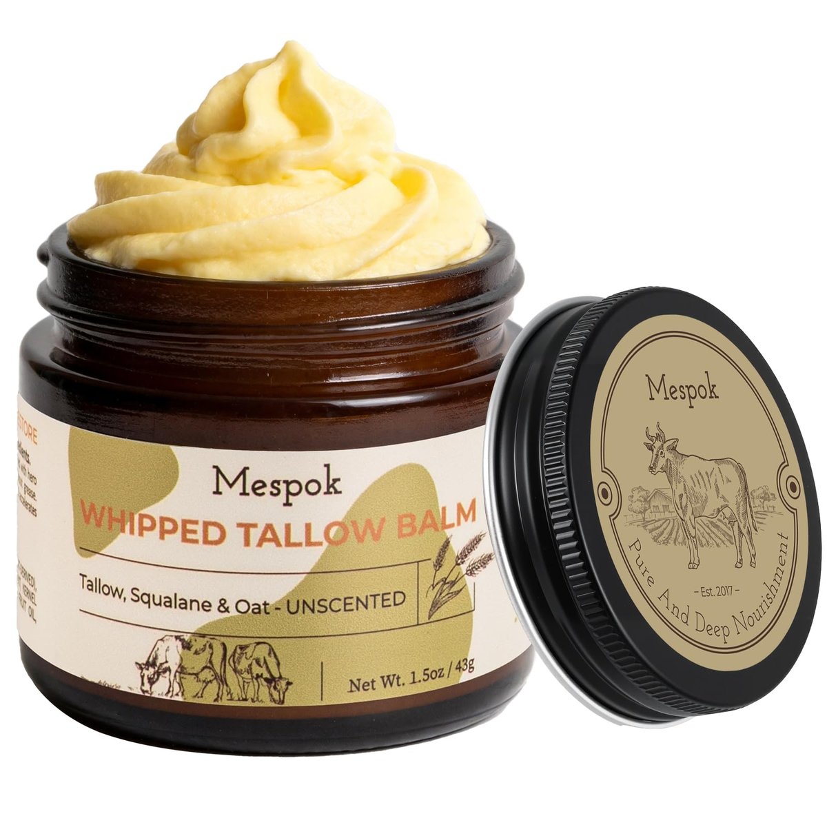 Mespok Rindertalg für die Haut - 100% grasgefütterter Talg Balsam mit Bio-Squalan & Haferextrakt | Gepflegte Gesichts- & Körperfeuchtigkeitscreme für extrem trockene Haut, nicht fettend, Clean Beauty, unparfümiert (1,5 Unzen)