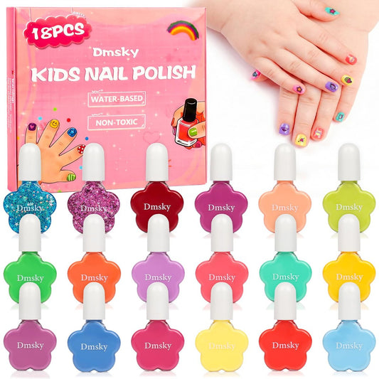 Dmsky Kinder Nagellack Set, 18 Farben, abziehbar, wasserbasiert, schnell trocknend, ungiftig, für Mädchen ab 3 Jahren, DIY Nagelkunst, ideales Geschenk zum Geburtstag, für Verkleidungen und Schulbelohnungen
