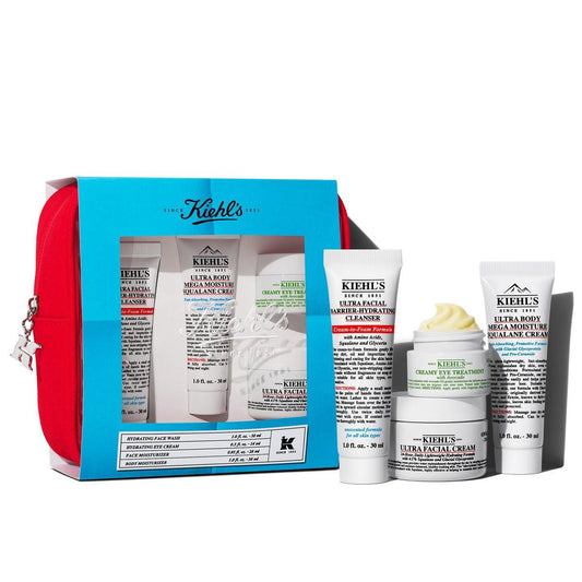 Kiehl's Reiseset Hautpflege-Routine im Mini-Format, 77 € Wert, TSA-geprüfte Minis mit Gesichtsreiniger, Feuchtigkeitscreme, Augencreme und Körperlotion, Ganzkörperset für alle Hauttypen