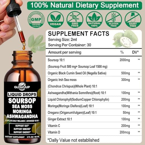 Soursop Bitters Liquid 10-in-1 Kräutertropfen mit Seemoos, Ashwagandha, Schwarzkümmelöl, Moringa & Oregano – Immununterstützung, Darmgesundheit, Zellregeneration & Antioxidantien – Non-GMO, 60 ml