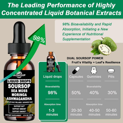 Soursop Bitters Liquid 10-in-1 Kräutertropfen mit Seemoos, Ashwagandha, Schwarzkümmelöl, Moringa & Oregano – Immununterstützung, Darmgesundheit, Zellregeneration & Antioxidantien – Non-GMO, 60 ml