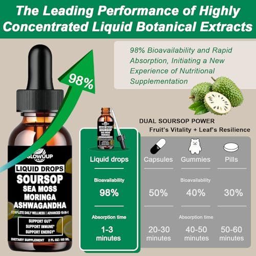 Soursop Bitters Liquid 10-in-1 Kräutertropfen mit Seemoos, Ashwagandha, Schwarzkümmelöl, Moringa & Oregano – Immununterstützung, Darmgesundheit, Zellregeneration & Antioxidantien – Non-GMO, 60 ml
