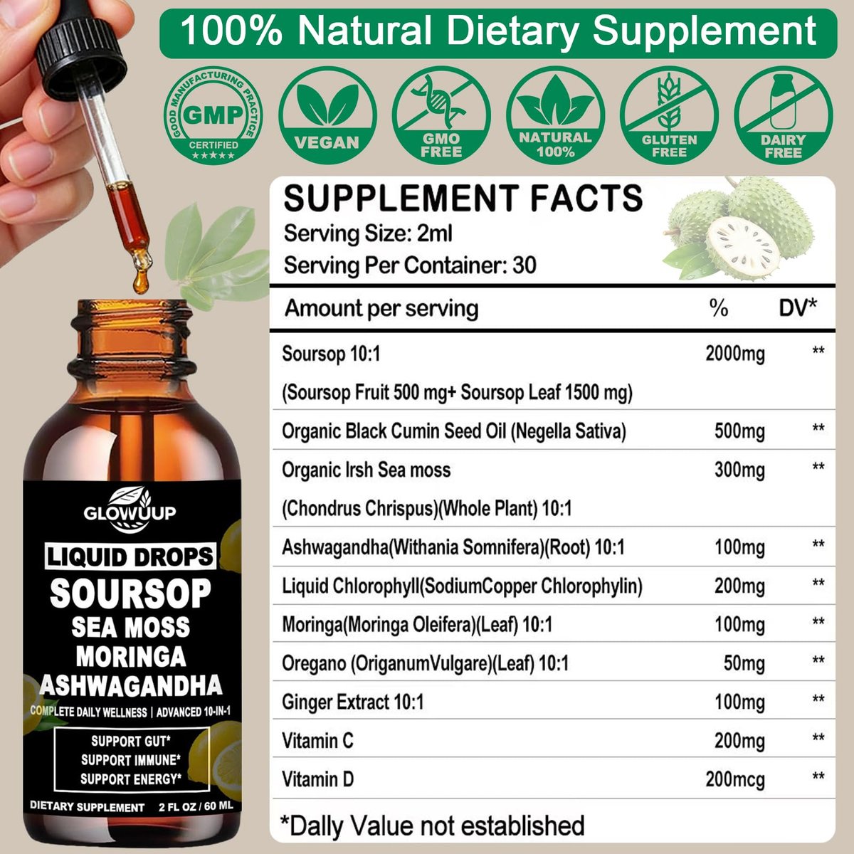 Soursop Bitters Liquid 10-in-1 Kräutertropfen mit Seemoos, Ashwagandha, Schwarzkümmelöl, Moringa & Oregano – Immununterstützung, Darmgesundheit, Zellregeneration & Antioxidantien – Non-GMO, 60 ml