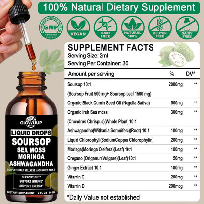 Soursop Bitters Liquid 10-in-1 Kräutertropfen mit Seemoos, Ashwagandha, Schwarzkümmelöl, Moringa & Oregano – Immununterstützung, Darmgesundheit, Zellregeneration & Antioxidantien – Non-GMO, 60 ml