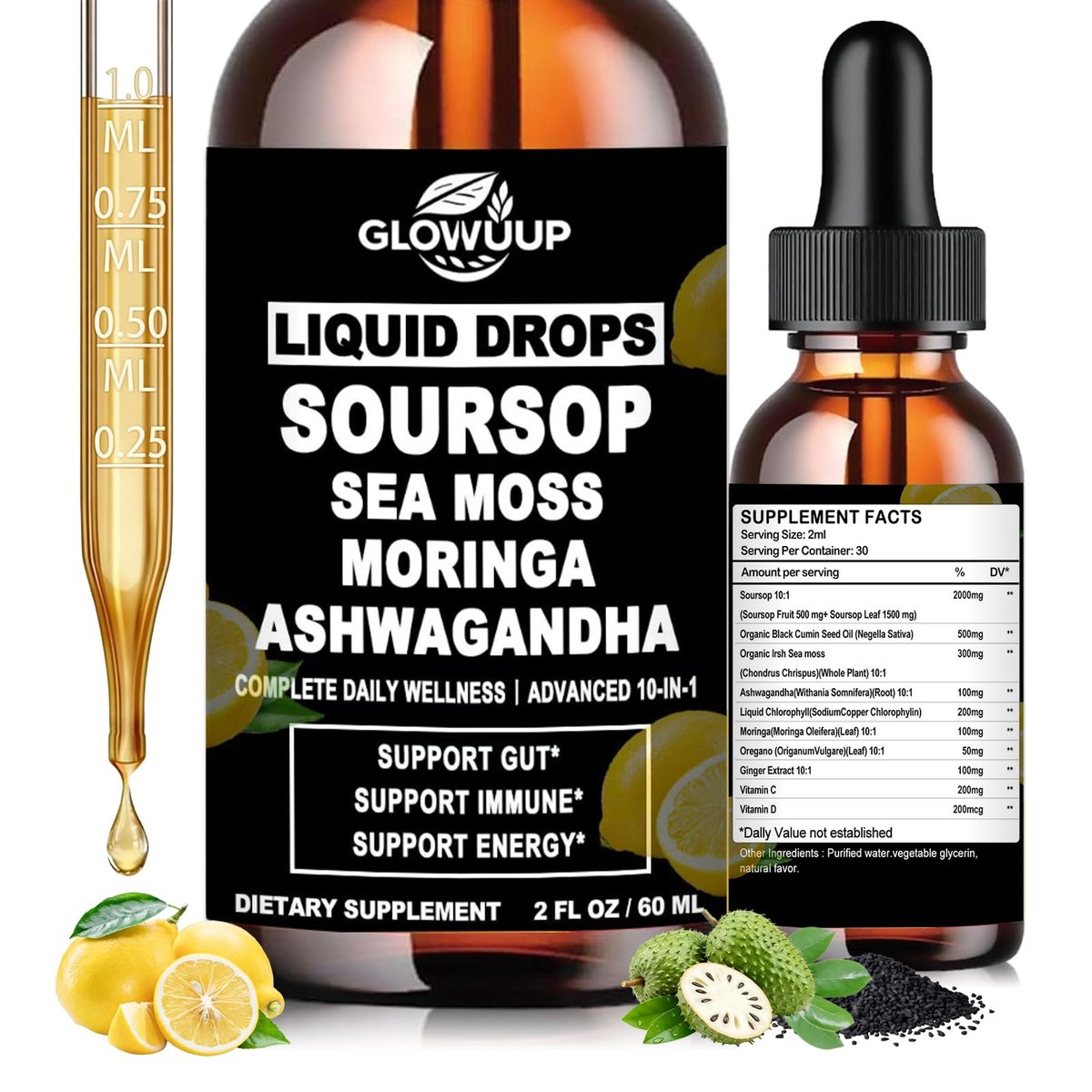 Soursop Bitters Liquid 10-in-1 Kräutertropfen mit Seemoos, Ashwagandha, Schwarzkümmelöl, Moringa & Oregano – Immununterstützung, Darmgesundheit, Zellregeneration & Antioxidantien – Non-GMO, 60 ml