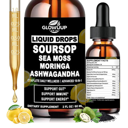 Soursop Bitters Liquid 10-in-1 Kräutertropfen mit Seemoos, Ashwagandha, Schwarzkümmelöl, Moringa & Oregano – Immununterstützung, Darmgesundheit, Zellregeneration & Antioxidantien – Non-GMO, 60 ml