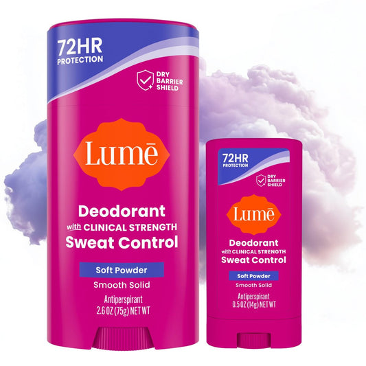 Lume Deodorant Plus Sweat Control - Glatter Feststick Deodorant für Frauen - Extra starkes Antitranspirant - 72 Stunden Geruchs- & Schweißkontrolle - Ohne Backpulver, hautfreundlich - (Soft Powder) 2 x 44 g