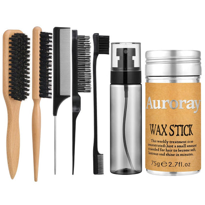 Borstenhaarbürste aus Wildschweinborsten, Slick Back Haarbürste, Haarwachs-Stick und Sprühflasche für Frauen Männer – zum Abteilen, Glätten, Bändigen von fliegenden Haaren