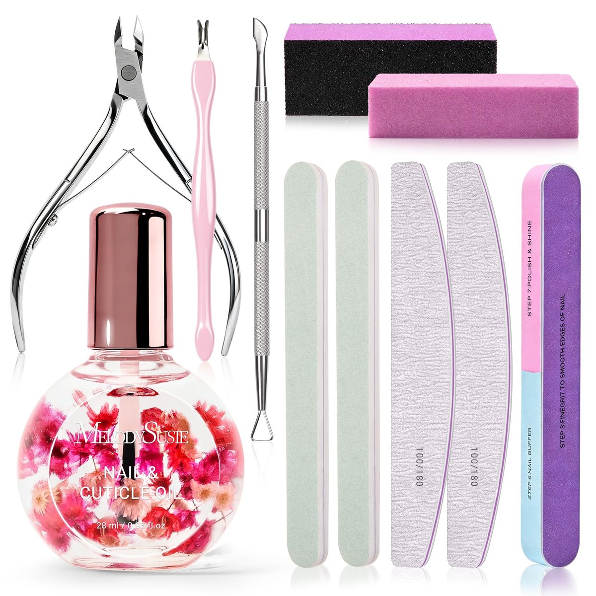 MelodySusie Maniküre-Set Nagelpflege-Set mit Feilen, Bufferblöcken, Nagelhautschneider, Schieber und Rosen-Nagelhautöl 28ml für DIY-Nagelpflege