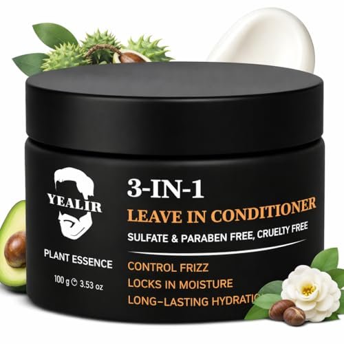 YEALIR 3-in-1 Leave-In Conditioner für Männer – Sofortige Frizz-Kontrolle, Feuchtigkeit & Pflege – Definiert Locken, natürlicher Glanz & Tiefenpflege für trockenes, krauses Haar mit Rizinus- & Avocadoöl, 100 ml