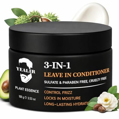 YEALIR 3-in-1 Leave-In Conditioner für Männer – Sofortige Frizz-Kontrolle, Feuchtigkeit & Pflege – Definiert Locken, natürlicher Glanz & Tiefenpflege für trockenes, krauses Haar mit Rizinus- & Avocadoöl, 100 ml