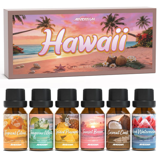 ARVIDSSON Hawaii Fragrance Oil Set – Tropische Duftöle für Diffuser – Sunset Breeze, Coconut Coast, Gild Pineapple, Tropical Citrus, Iced Watermelon, Tangerine Mojito (6 x 60 ml)