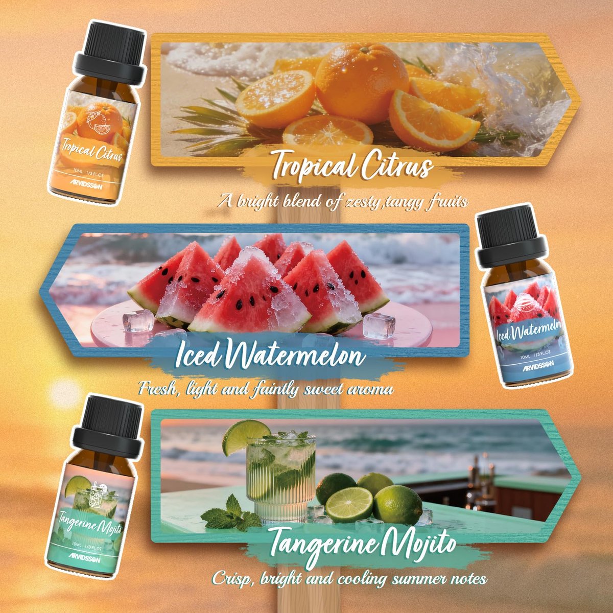 ARVIDSSON Hawaii Fragrance Oil Set – Tropische Duftöle für Diffuser – Sunset Breeze, Coconut Coast, Gild Pineapple, Tropical Citrus, Iced Watermelon, Tangerine Mojito (6 x 60 ml)
