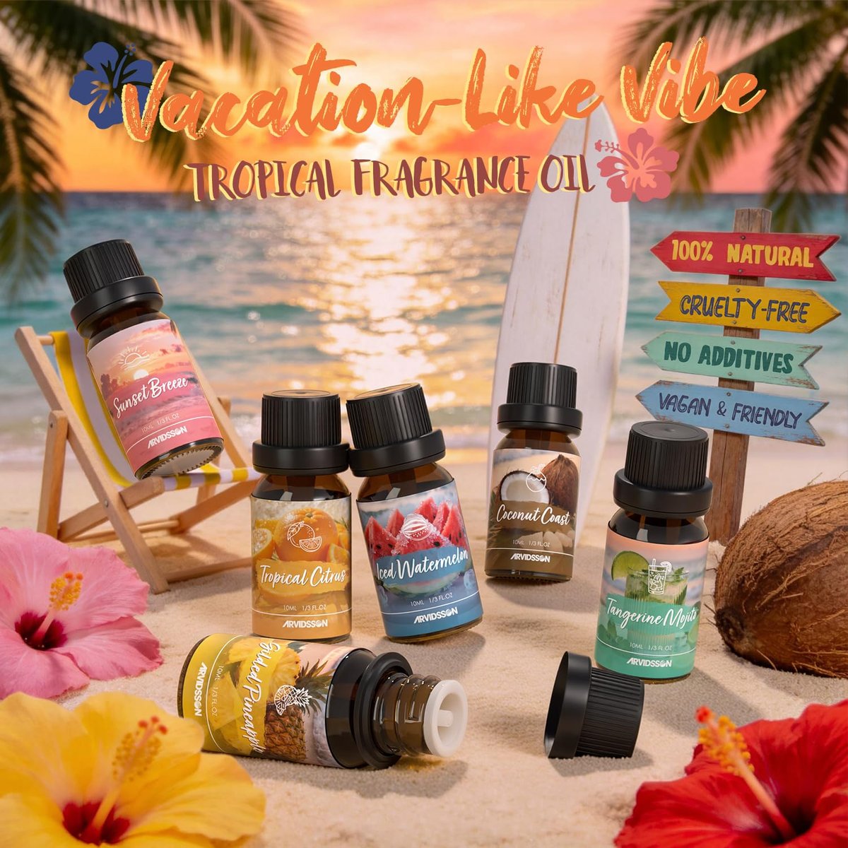 ARVIDSSON Hawaii Fragrance Oil Set – Tropische Duftöle für Diffuser – Sunset Breeze, Coconut Coast, Gild Pineapple, Tropical Citrus, Iced Watermelon, Tangerine Mojito (6 x 60 ml)