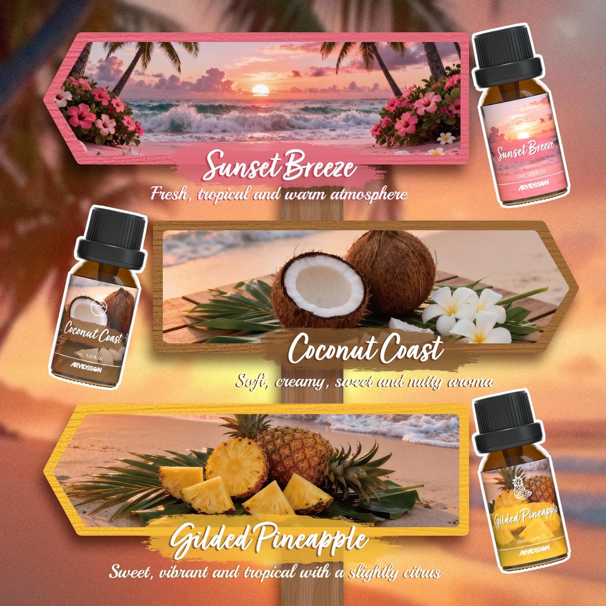 ARVIDSSON Hawaii Fragrance Oil Set – Tropische Duftöle für Diffuser – Sunset Breeze, Coconut Coast, Gild Pineapple, Tropical Citrus, Iced Watermelon, Tangerine Mojito (6 x 60 ml)