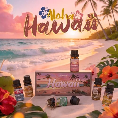 ARVIDSSON Hawaii Fragrance Oil Set – Tropische Duftöle für Diffuser – Sunset Breeze, Coconut Coast, Gild Pineapple, Tropical Citrus, Iced Watermelon, Tangerine Mojito (6 x 60 ml)
