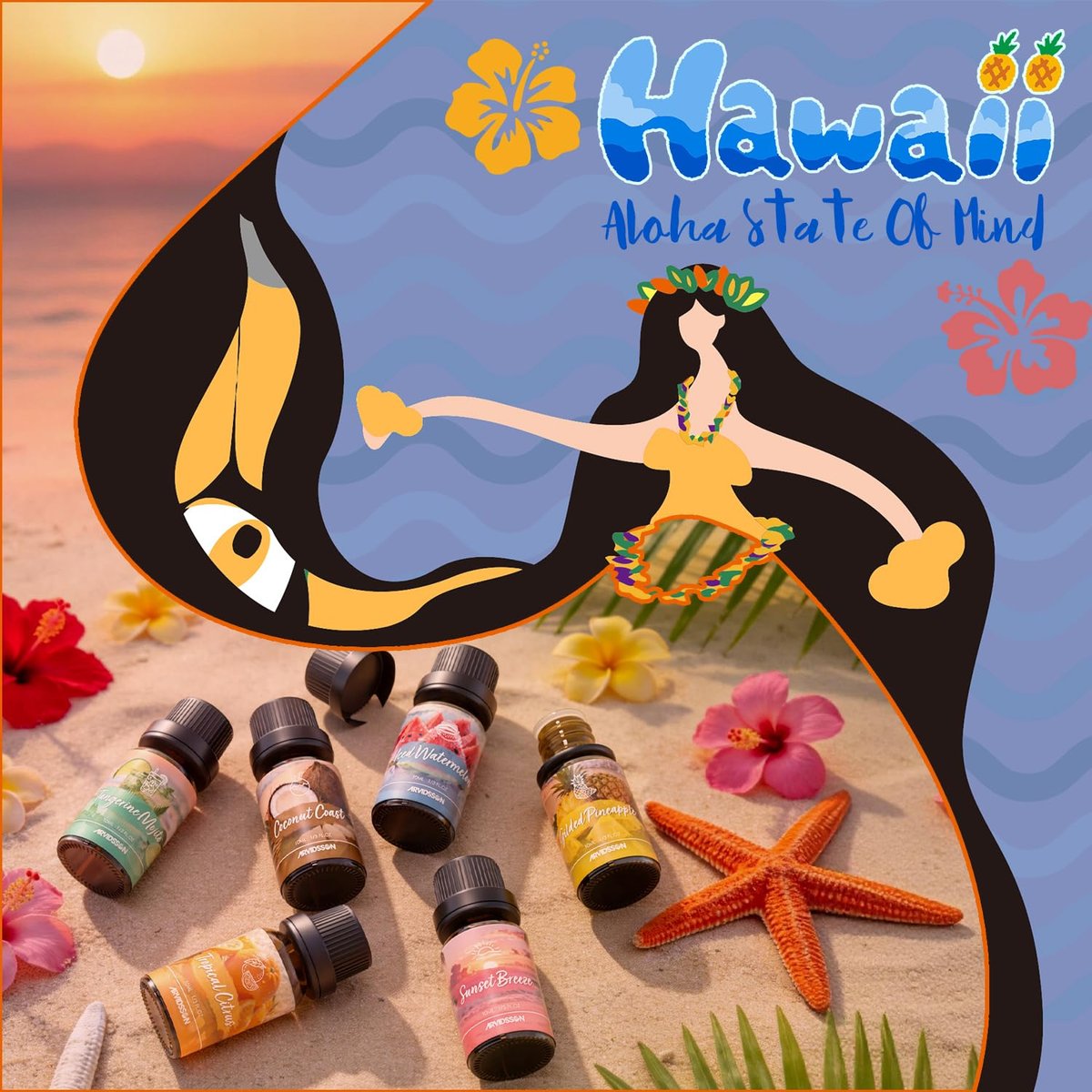 ARVIDSSON Hawaii Fragrance Oil Set – Tropische Duftöle für Diffuser – Sunset Breeze, Coconut Coast, Gild Pineapple, Tropical Citrus, Iced Watermelon, Tangerine Mojito (6 x 60 ml)