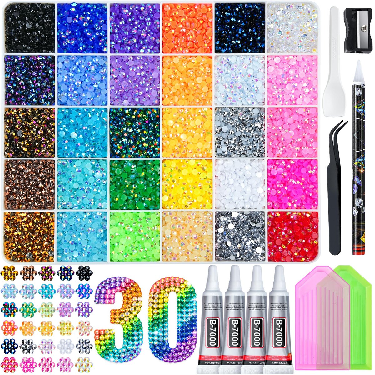 LOTWOW 40000 Teile Resin Jelly Strasssteine Set, 30 Farben 3mm Flachrückseite Strass mit 4 Stück B7000 Schmuckkleber & Werkzeuge, All-in-One Bedazzling Kit für DIY Kunst & Handwerk Muttertagsgeschenke