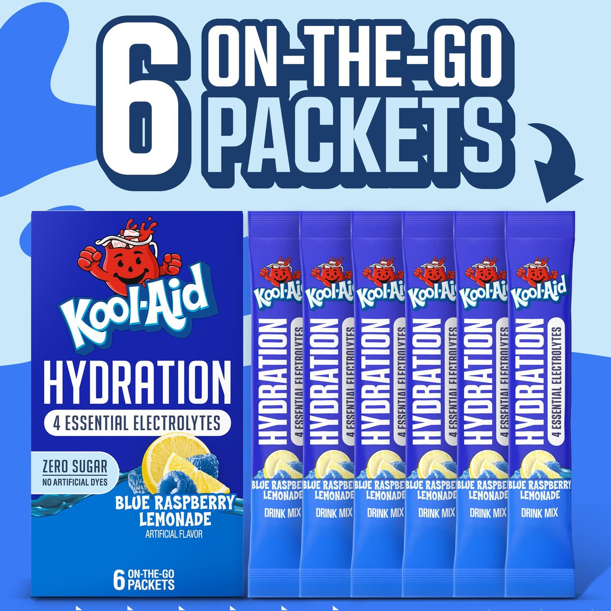 Kool-Aid Hydration Electrolyte Pulvergetränk, 6 Portionsbeutel für unterwegs, erfrischende Hydration, Blaubeer-Zitronen-Geschmack, Null Zucker, ohne künstliche Farbstoffe, 1,32 oz Box