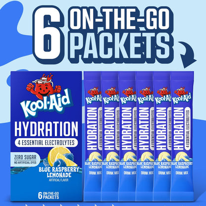 Kool-Aid Hydration Electrolyte Pulvergetränk, 6 Portionsbeutel für unterwegs, erfrischende Hydration, Blaubeer-Zitronen-Geschmack, Null Zucker, ohne künstliche Farbstoffe, 1,32 oz Box