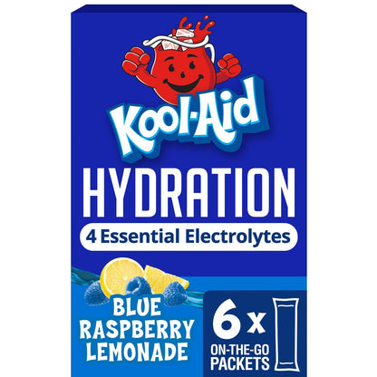 Kool-Aid Hydration Electrolyte Pulvergetränk, 6 Portionsbeutel für unterwegs, erfrischende Hydration, Blaubeer-Zitronen-Geschmack, Null Zucker, ohne künstliche Farbstoffe, 1,32 oz Box