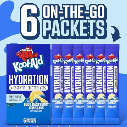Kool-Aid Hydration Electrolyte Pulvergetränk, 6 Portionsbeutel für unterwegs, erfrischende Hydration, Blaubeer-Zitronen-Geschmack, Null Zucker, ohne künstliche Farbstoffe, 1,32 oz Box