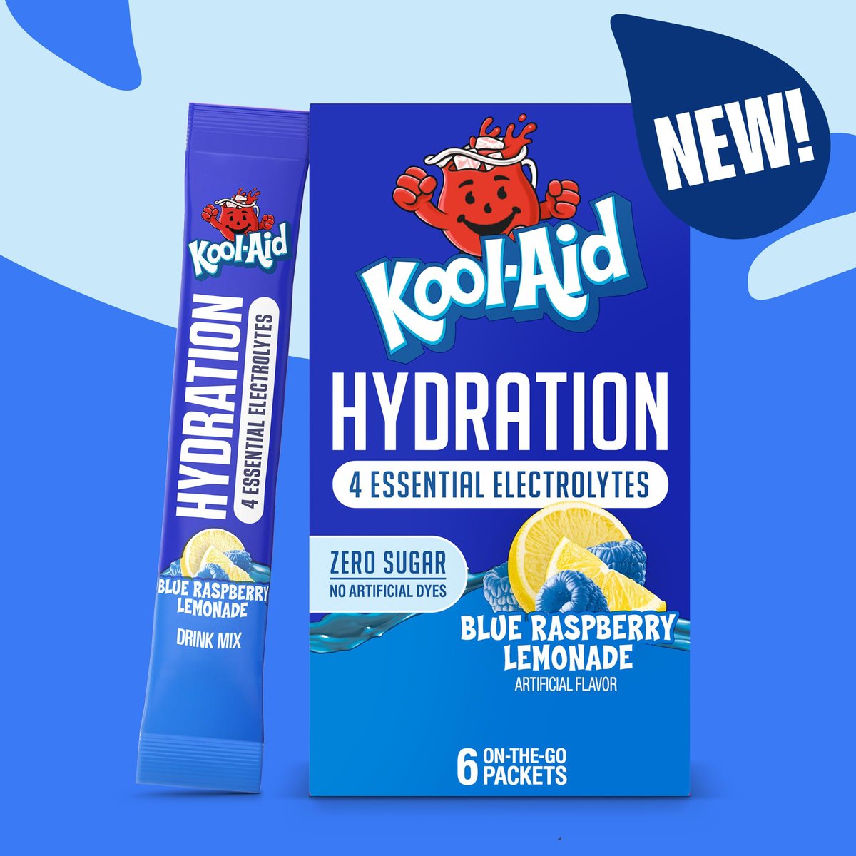 Kool-Aid Hydration Electrolyte Pulvergetränk, 6 Portionsbeutel für unterwegs, erfrischende Hydration, Blaubeer-Zitronen-Geschmack, Null Zucker, ohne künstliche Farbstoffe, 1,32 oz Box
